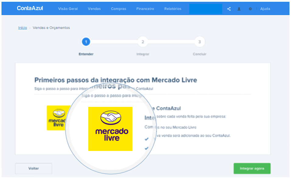 Tela de integração com Mercado Livre